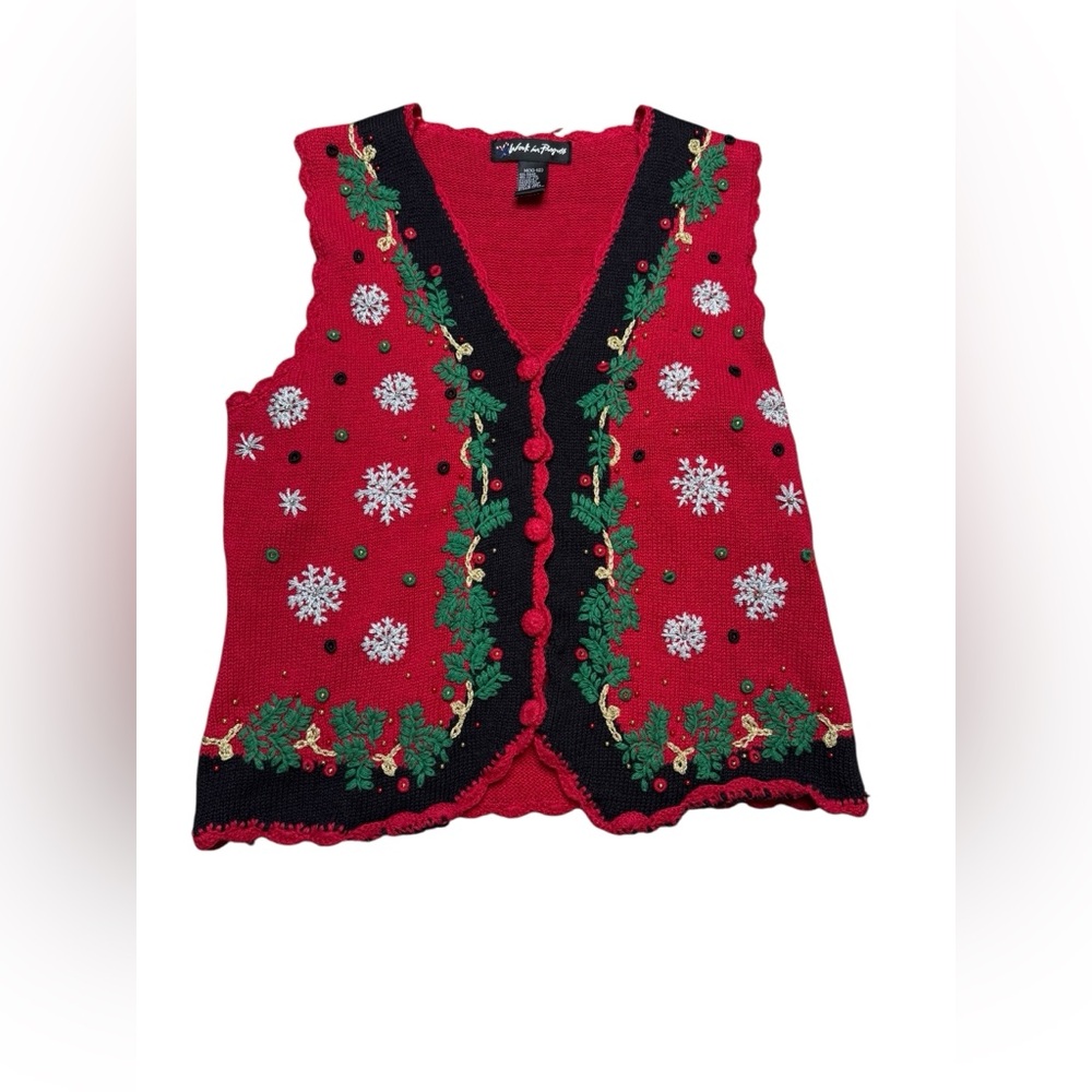 🎄 Vintage Embroidered Christmas Sweater Vest Red Black M 🎄
